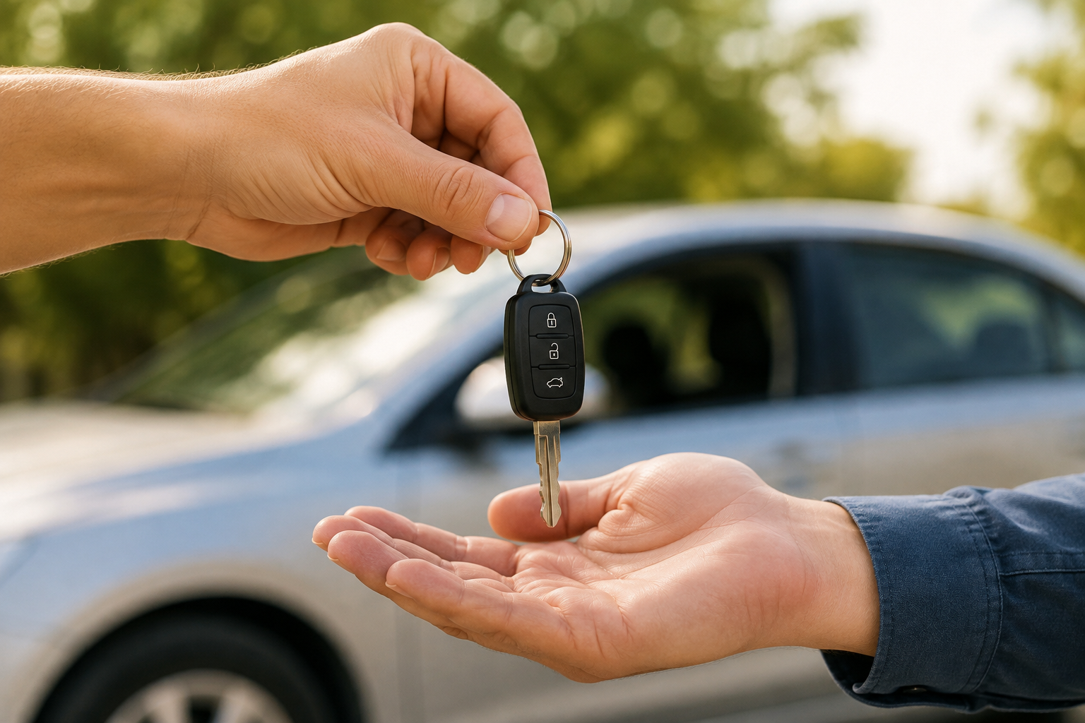 Hands exchanging vehicle keys to help someone receive reliable transportation